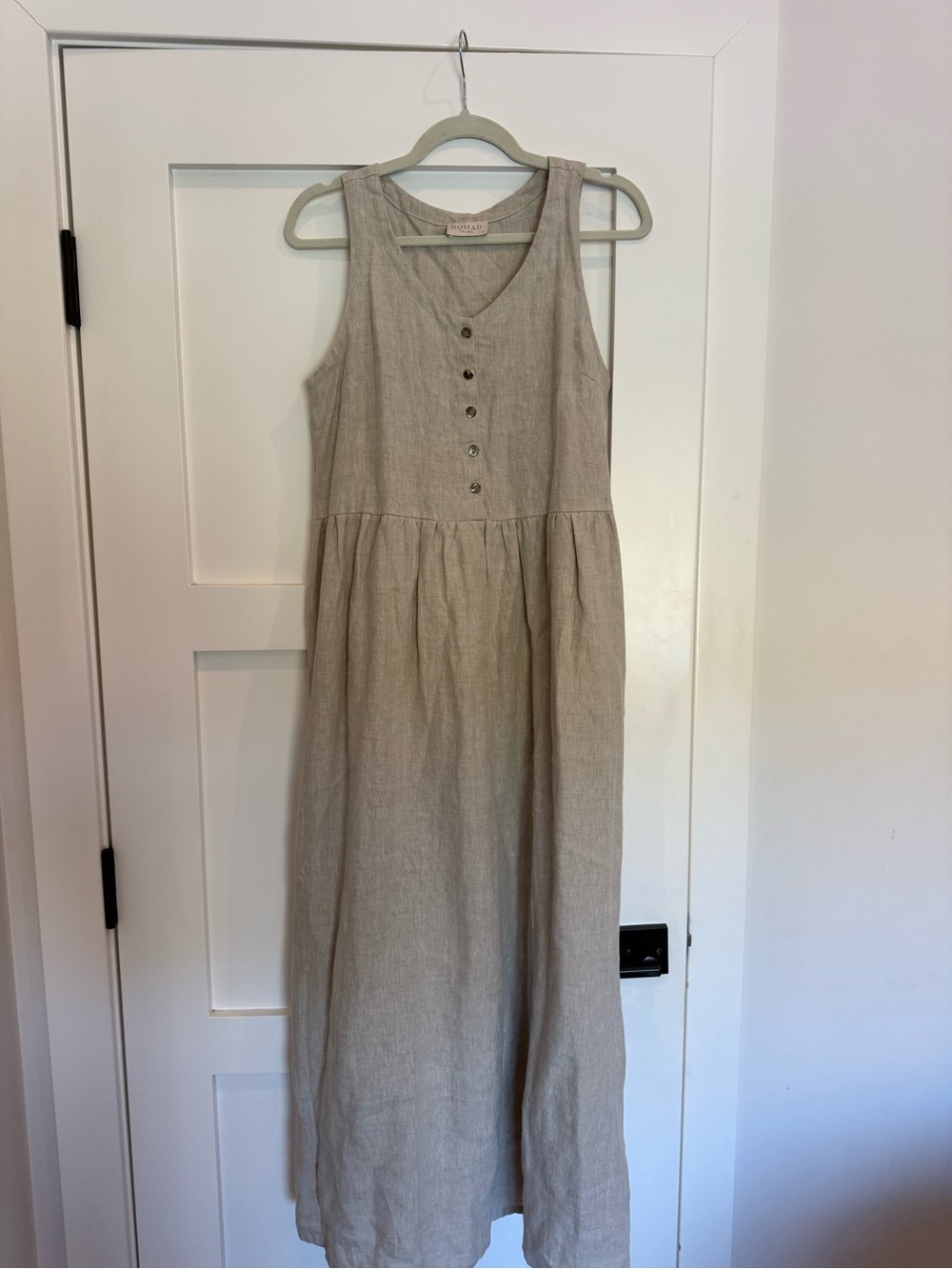 Nomad Natural Beige Sleeveless Linen Maxi Dress with Button Front